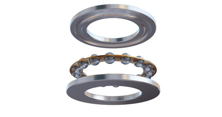 Thrust ball bearing, isolated on a plain background. Balls and cage separated from race and housing.