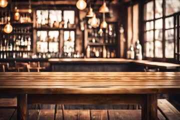 Empty rustic bar restaurant café wooden table space platform with defocused blurry pub interior sunny weather autumn summer spring warm cozy house cottage core mockup product display background.
