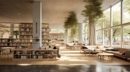 Made of clear concrete, the library features light-colored log bookshelves, stepped seating, potted plants, raw timber floors, and a courtyard where an old tree extends outdoors. - obrazy, fototapety, plakaty
