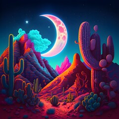a beautiful colorful desert with red rocks and formations with a crescent moon overhead cacti done in psychedelic UV neon style  - obrazy, fototapety, plakaty