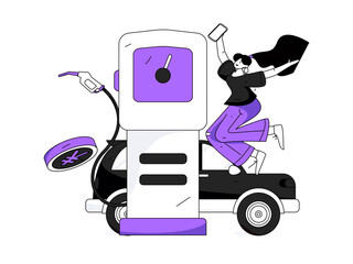 Vector Internet operation hand-drawn illustration of people getting discounts for refueling their cars