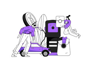 Vector Internet operation hand-drawn illustration of people getting discounts for refueling their cars