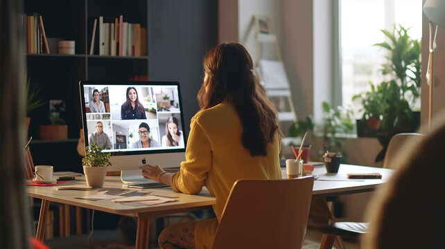 Back view of business woman talking to her colleagues about plan in video conference.
