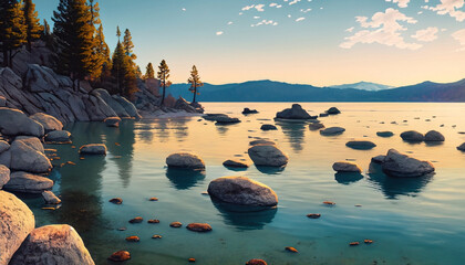 Beautiful illustration of the landscape of Lake Tahoe in California and Nevada, USA - obrazy, fototapety, plakaty