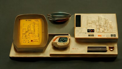 1986 soft electronics industrial design original packaging household appliances waffle maker automatic toaster ultradetailed rendering schematic drawing tracing paper in the streets of Tokyo  - obrazy, fototapety, plakaty