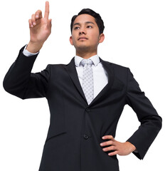 Digital png photo of biracial businessman pointing on transparent background
