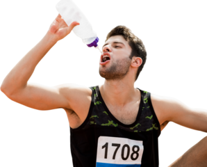 Digital png photo of caucasian male athlete with bottle of water drinking on transparent background