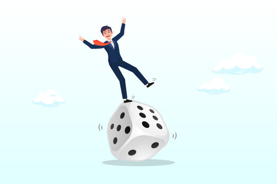Greedy investor man dare trying to balance himself on spinning unstable dice, investment risk, stock trader, gambling, uncertainty, possibility of losing money, make a profit from investment (Vector)