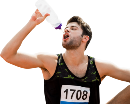 Digital png photo of caucasian male athlete with bottle of water drinking on transparent background