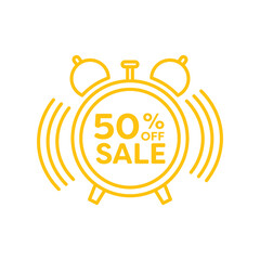 Digital png illustration of alarm clock with 50 percent off sale text on transparent background