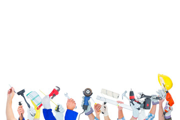 Digital png photo of hands with construction tools on transparent background