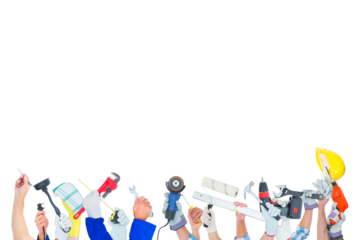 Digital png photo of hands with construction tools on transparent background