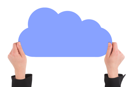 Digital png photo of human hands holding blue cloud on transparent background