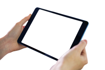 Digital png illustration of hands holding tablet with copy space on transparent background