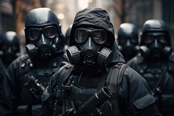 Police officers in black uniform and gas mask in action on the street, Urban Enforcers, masked enforcers, army soldiers with protective gas masked, armed defenders
