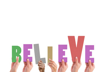 Digital png illustration of hands with believe text on transparent background