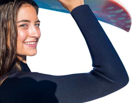 Digital png photo of happy female surfer with surfboard on transparent background