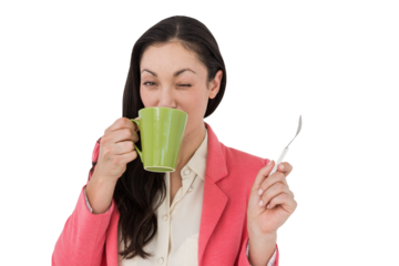Digital png photo of happy biracial woman drinking from cup on transparent background