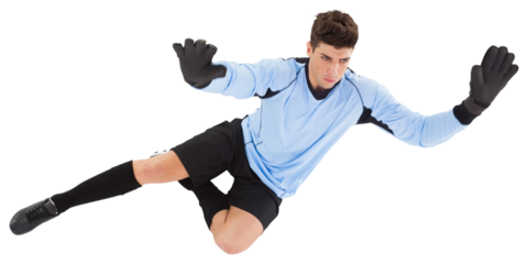 Digital png photo of caucasian male goalie with gloves catching on transparent background