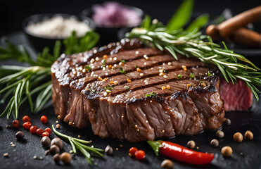 Grilled wagyu beef steak with spices and herbs on dark background