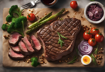 Grilled wagyu beef steak with spices and herbs on dark background