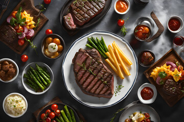 Grilled wagyu beef steak with spices and herbs on dark background