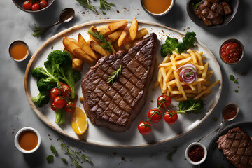 Grilled wagyu beef steak with spices and herbs on dark background