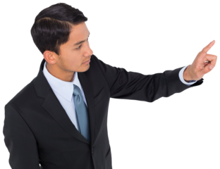 Digital png photo of focused asian businessman pointing with finger on transparent background