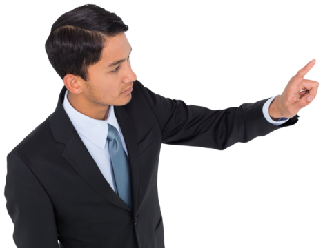 Digital png photo of focused asian businessman pointing with finger on transparent background