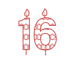 Digital png illustration of red 16 birthday candle with pattern on transparent background