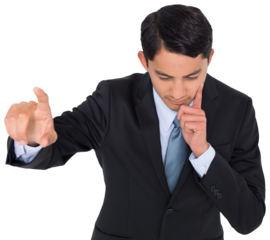 Digital png photo of biracial businessman pointing on transparent background