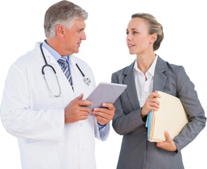 Digital png photo of caucasian male doctor and businesswoman on transparent background