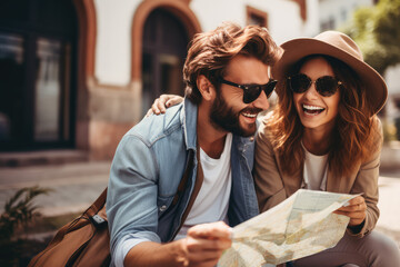 smiling travel couple looking at map - obrazy, fototapety, plakaty