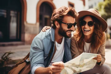 Fotobehang smiling travel couple looking at map © Kien