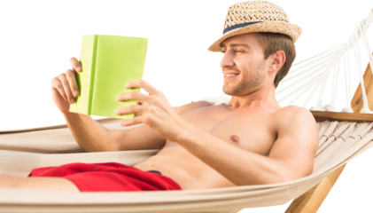 Digital png photo of caucasian shirtless man on hammock reading book on transparent background