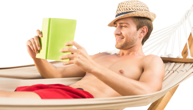 Digital png photo of caucasian shirtless man on hammock reading book on transparent background - Powered by Adobe