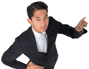 Digital png photo of biracial businessman pointing with finger on transparent background