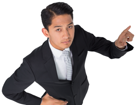 Digital png photo of biracial businessman pointing with finger on transparent background