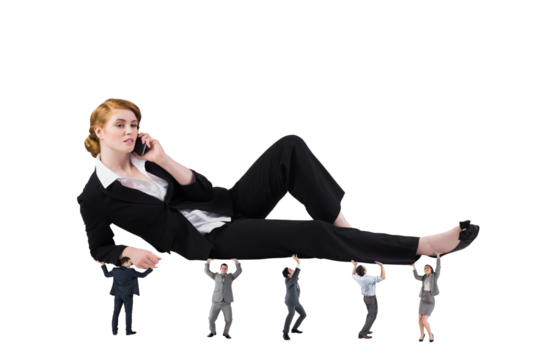 Digital png photo of caucasian businesswoman with phone lying on people on transparent background