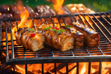 laborday celebration picnic outside barbecue in flame close-up