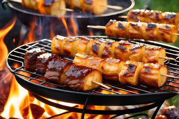 laborday celebration picnic outside barbecue in flame close-up