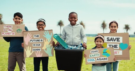 Children, face and charity poster for eco friendly, sustainability and saving planet sign. Outdoor, kids and volunteer for climate change and environment on earth day with support banner with rally