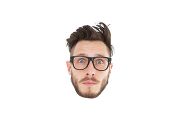 Digital png photo of face of caucasian man with eyeglasses on transparent background