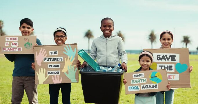 Children, face and charity poster for eco friendly, sustainability and saving planet sign. Outdoor, kids and volunteer for climate change and environment on earth day with support banner with rally