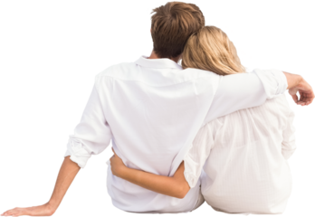 Digital png photo of back of caucasian couple embracing on transparent background