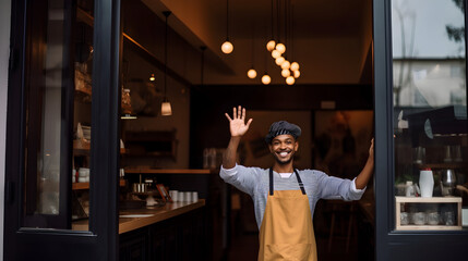 The young coffee shop owner stands at the entrance, warmly waving and greeting customers. small business concept. 