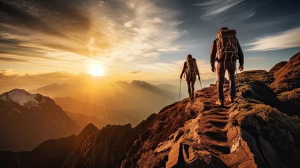 Fotobehang Step by step, they conquered the height, Scaling the mountain, bathed in the sunlight. Their perseverance led them to the top, where a breathtaking view awaited © Sasint