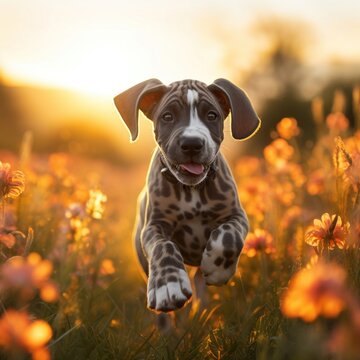 A photorealistic image of a Great Dane puppy running through a field of wildflowers in the golden hour