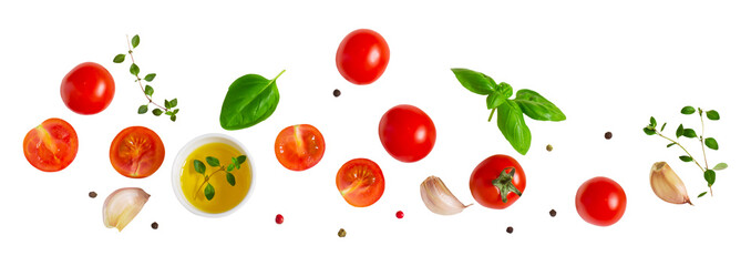 Cherry tomatoes with basil leaves cut out on transparent background