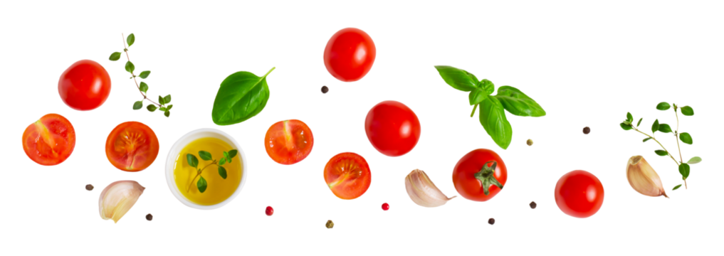 Cherry tomatoes with basil leaves cut out on transparent background